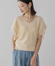袖フリンジショート丈プルオーバー