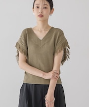 袖フリンジショート丈プルオーバー