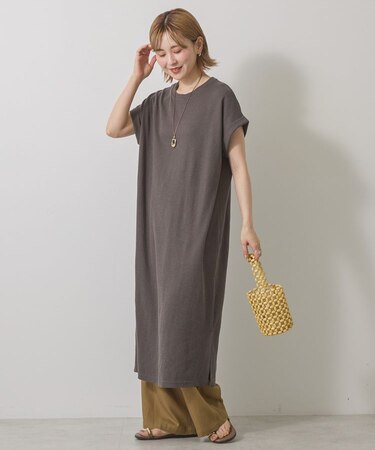 ワッフルサイドスリット半袖ワンピース