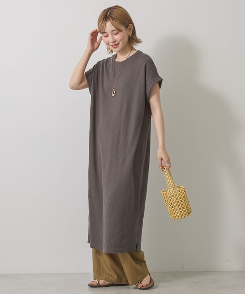 ワッフルサイドスリット半袖ワンピース