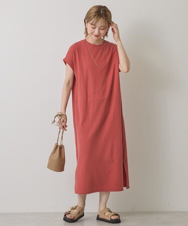 ワッフルサイドスリット半袖ワンピース