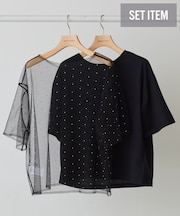 【2点SET】ラインストーンチュールレイヤードTシャツ
