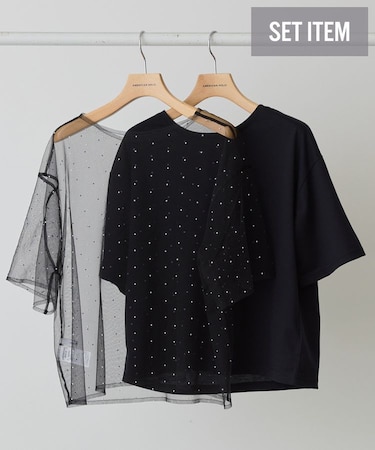 【2点SET】ラインストーンチュールレイヤードTシャツ