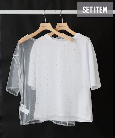 【2点SET】ラインストーンチュールレイヤードTシャツ