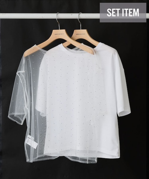 【2点SET】ラインストーンチュールレイヤードTシャツ