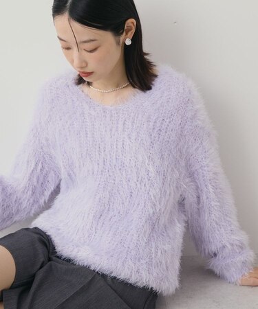 Vネックシャギーニットプルオーバー