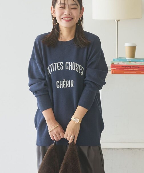 コットンブレンドスウェットライクロゴニットトップス