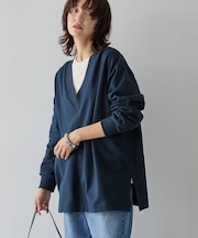 Vネックサイドスリットロングスウェットプルオーバー/チュニック