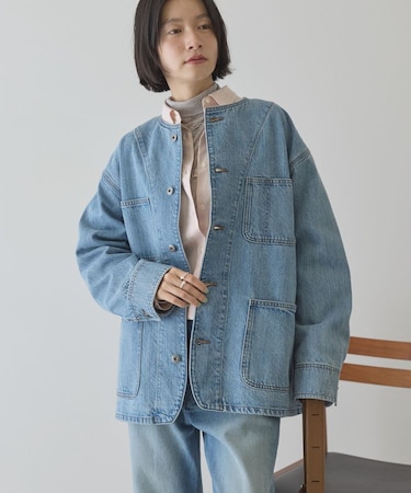 ノーカラーデニムカバーオール