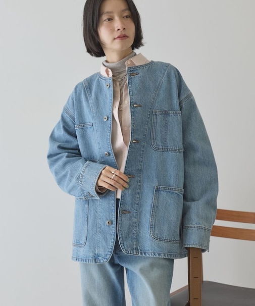 ノーカラーデニムカバーオール