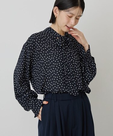 【イージーケア】ドット柄ボウタイブラウス