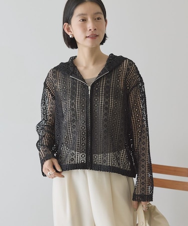 幾何学レースフードシャツ