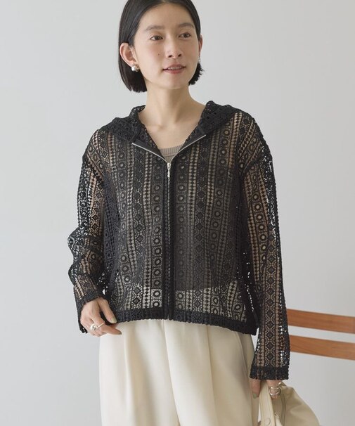 幾何学レースフードシャツ