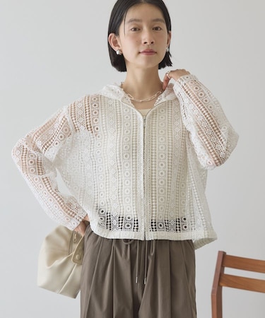 幾何学レースフードシャツ