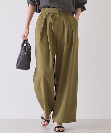 【イージーケア】リボン付きタックワイドパンツ