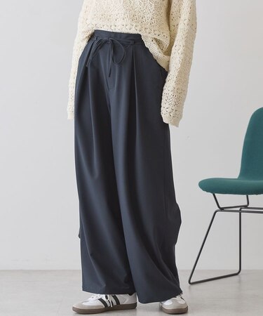 【イージーケア】リボン付きタックワイドパンツ