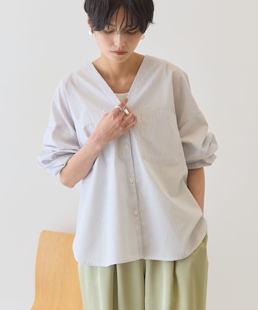 【イージーケア】ストライプVネックシャツ