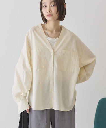 【イージーケア】ストライプVネックシャツ