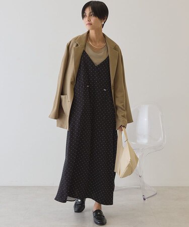 サイドシャーリングVネックドットキャミワンピース