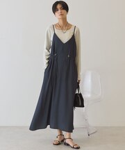 サイドシャーリングVネックドットキャミワンピース