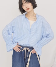 スタンドフリルストライプスキッパーブラウス