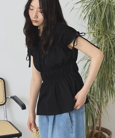【接触冷感】シャーリングショルダーリボンプルオーバー