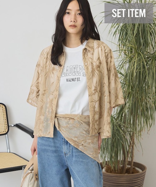 【2点セット】メッシュレース半袖シャツ+スカーフ