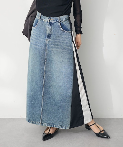 デニム切替異素材スカート