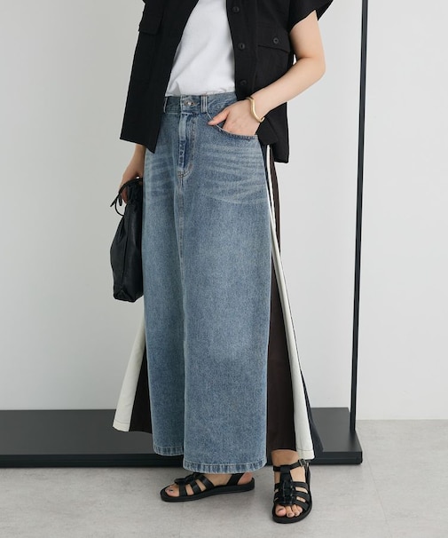 デニム切替異素材スカート