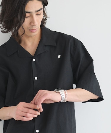 コットンリネン刺繍入りオープンカラーシャツB