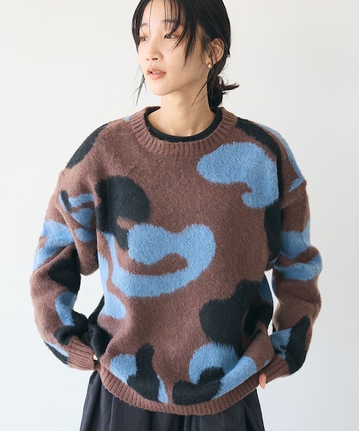 【ユニセックス】シャギージャカードクルーネックニットプルオーバー