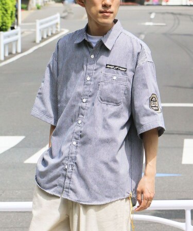 ヒッコリーストライプワッペンシャツ
