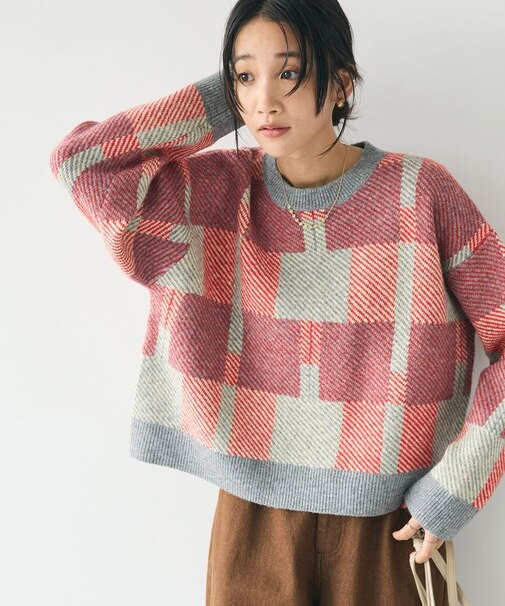 洗える/チェック柄ニットプルオーバー