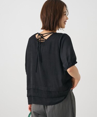 バックレースアップバルーンスリーブブラウス