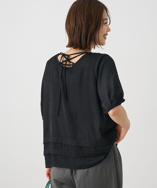 バックレースアップバルーンスリーブブラウス