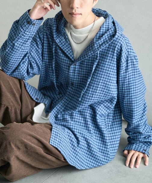 チェックフードシャツ
