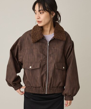 フェイクレザー衿ボアブルゾン
