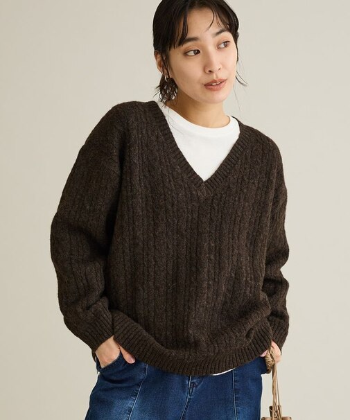 洗える/起毛ケーブルVニットネックニットプルオーバー