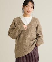 洗える/起毛ケーブルVニットネックニットプルオーバー