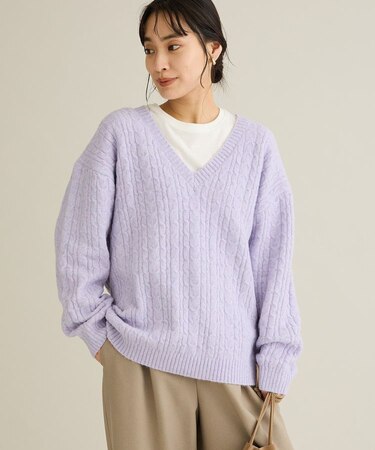 洗える/起毛ケーブルVニットネックニットプルオーバー