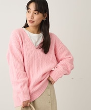 洗える/起毛ケーブルVニットネックニットプルオーバー