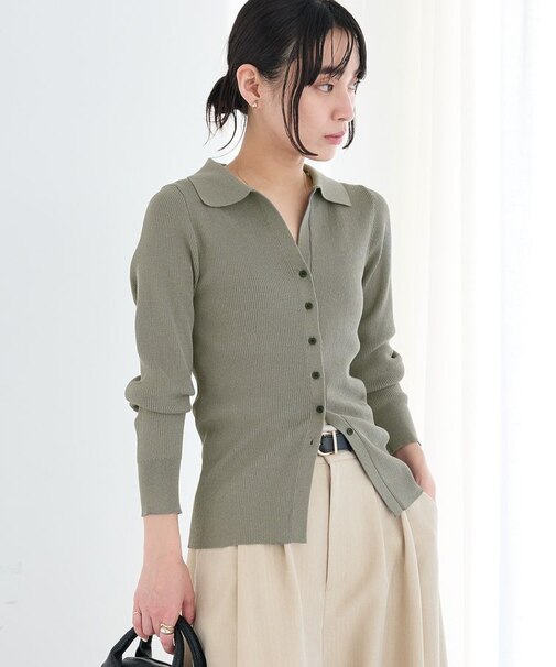 洗える/襟付きコンパクトリブニットカーディガン
