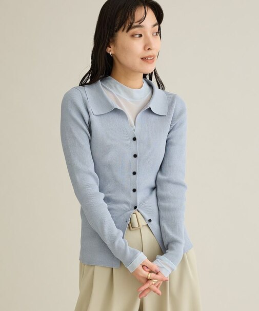 洗える/襟付きコンパクトリブニットカーディガン