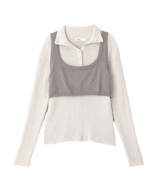 2点セット/ベスト＋ハーフボタンリブニットトップ