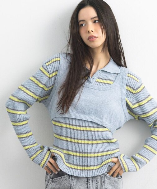 2点セット/ベスト＋ハーフボタンリブニットトップ