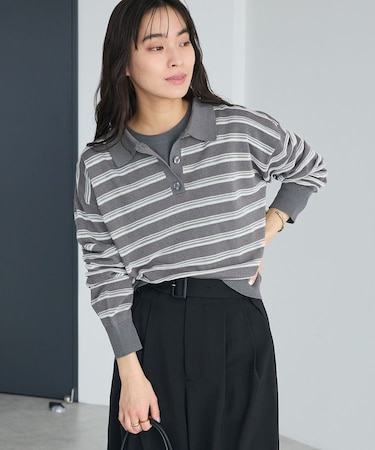 シアーボーダーポロ衿ニットプルオーバー