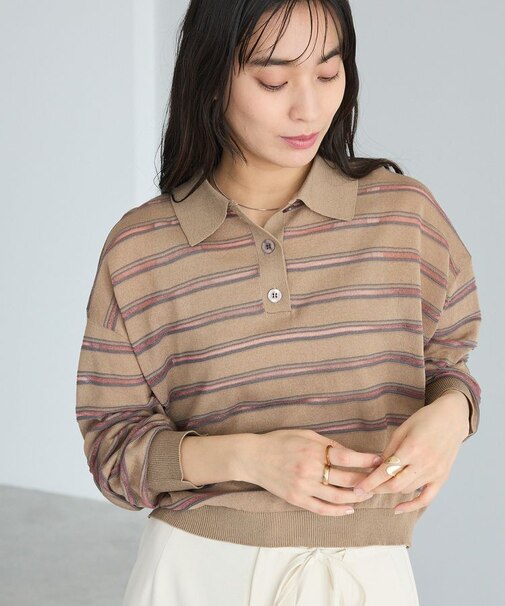 シアーボーダーポロ衿ニットプルオーバー