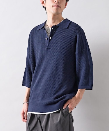 透かし編み半袖ニットポロシャツ