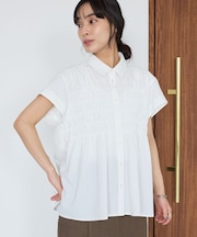 遮熱 シャーリングショートスリーブブラウス