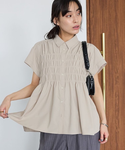遮熱/接触冷感/UVカット シャーリングショートスリーブブラウス
